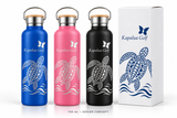 750 mL bamboo-lid bottle concept: Honu turtle and golf-course design. Illustrative colors and packaging; final production options subject to confirmation.