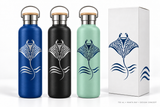 750 mL bamboo-lid bottle concept: Manta ray design. Illustrative colors and packaging; final production options subject to confirmation.