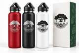 Illustrative customization concept: 22 oz bottles with banyan tree artwork in red, black and white with Maui No Ka Oi lettering and matching packaging; colors subject to confirmation.