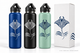 Illustrative customization concept: 22 oz bottles with manta ray artwork in blue, black and mint and matching packaging; colors subject to confirmation.
