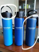 Three blue logo-branded water bottles with different black lid styles; two lids highlighted in white.
