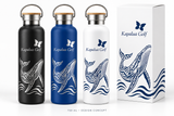 750 mL bamboo-lid bottle concept: Whale and golf-course design. Illustrative colors and packaging; final production options subject to confirmation.