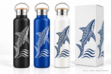 750 mL bamboo-lid bottle concept: Shark design. Illustrative colors and packaging; final production options subject to confirmation.