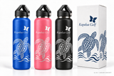 Illustrative customization concept: 22 oz bottles with honu sea turtle artwork in blue, pink and black with Kapalua Golf branding and matching packaging; colors subject to confirmation.