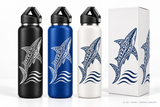 Illustrative customization concept: 22 oz bottles with shark artwork in black, blue and white and matching packaging; colors subject to confirmation.