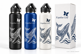 Illustrative customization concept: 22 oz bottles with whale artwork in black, blue and white with Kapalua Golf branding and matching packaging; colors subject to confirmation.